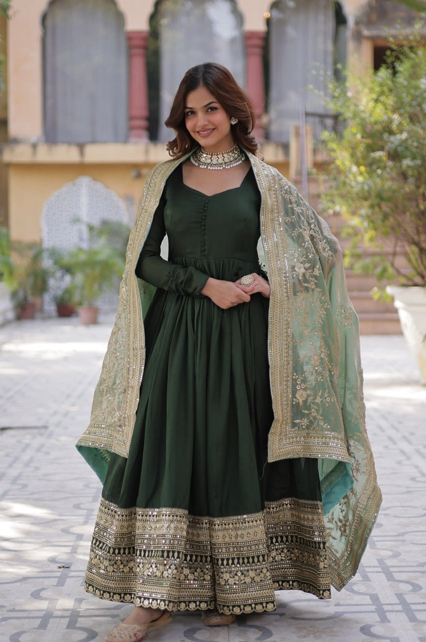 Rani Pink & Green Vichitra Gown with Dupatta – Festive Flair Edition