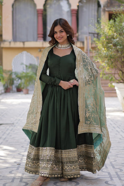 Rani Pink & Green Vichitra Gown with Dupatta – Festive Flair Edition