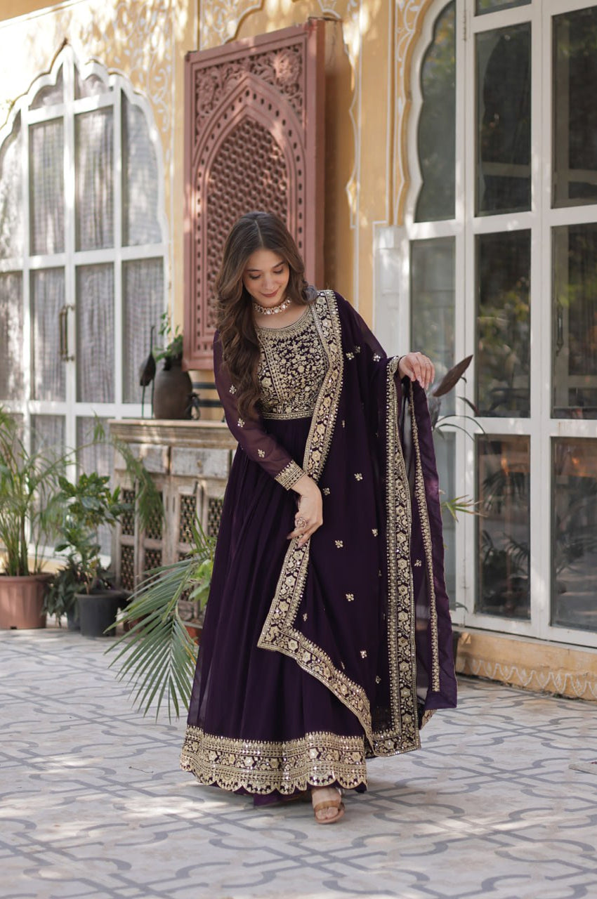 Faux Embroidered Gown Set | Rama & Purple | Premium Festive Wear