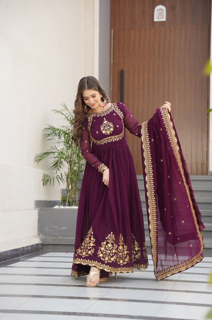 Green & Purple Premium Zari Embroidered Gown with Dupatta