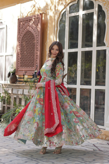 Elegant Alia Cut Russian Silk Gown with Dupatta (Orange & Green)