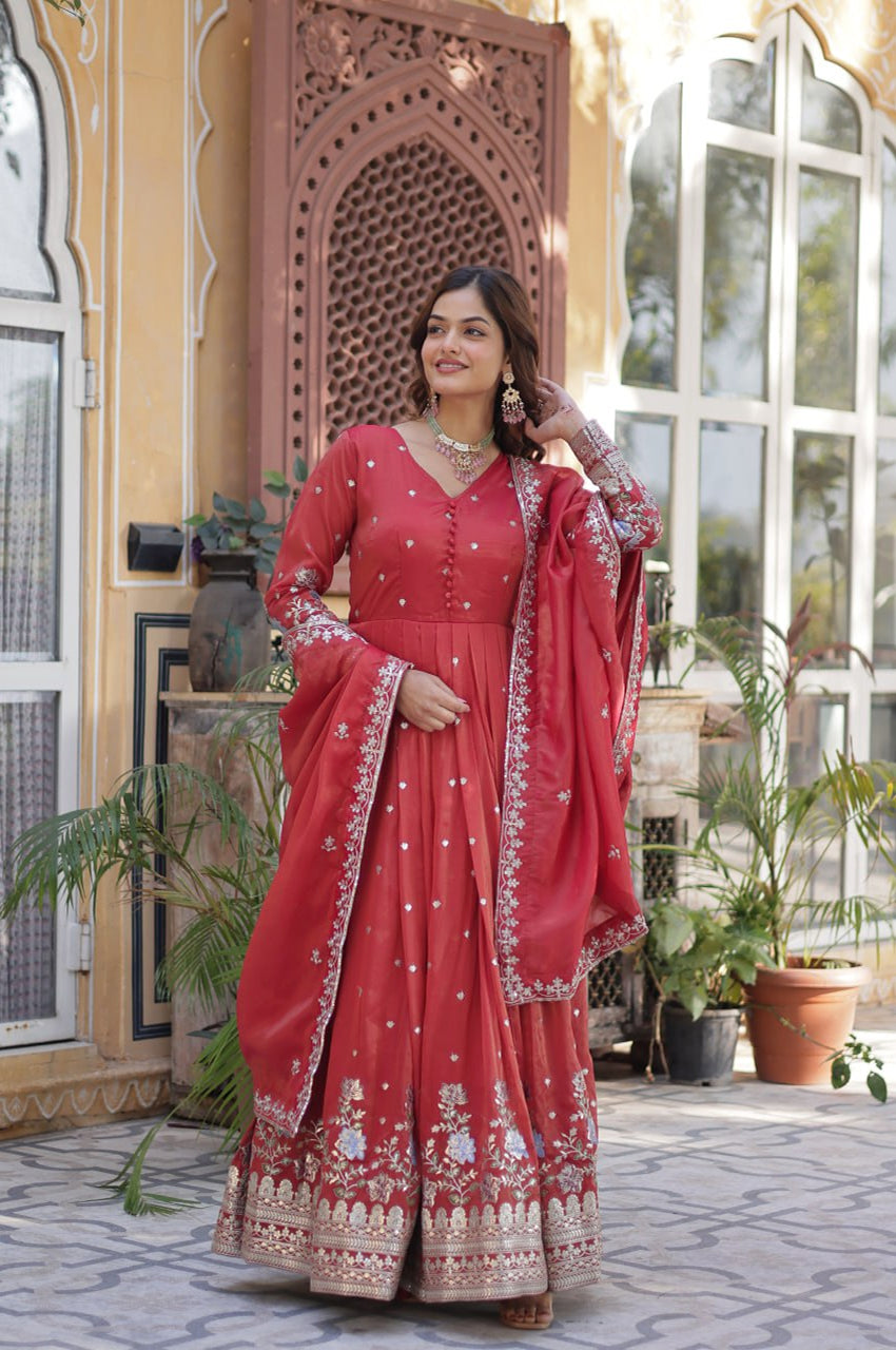 Viscose Cosmos Embroidered Gown Set | Red  | Elegant Festive Wear