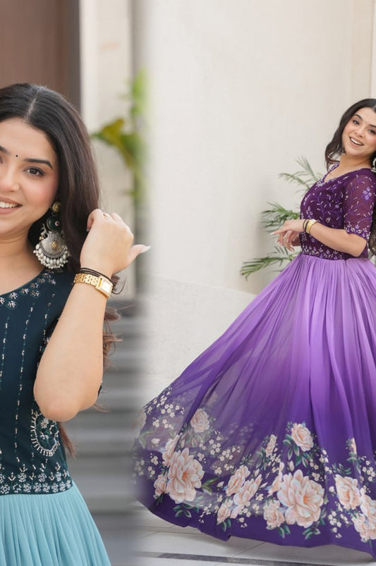 Designer Blue & Purple Gown with Embroidery & Floral Digital Print