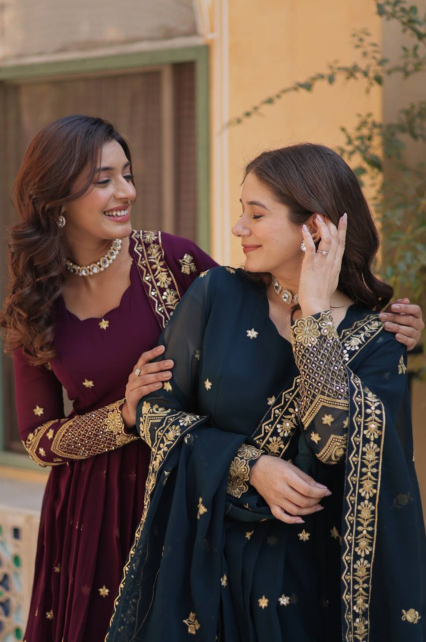 Bottle Green & Purple Zari Sequins Embroidered Gown Set