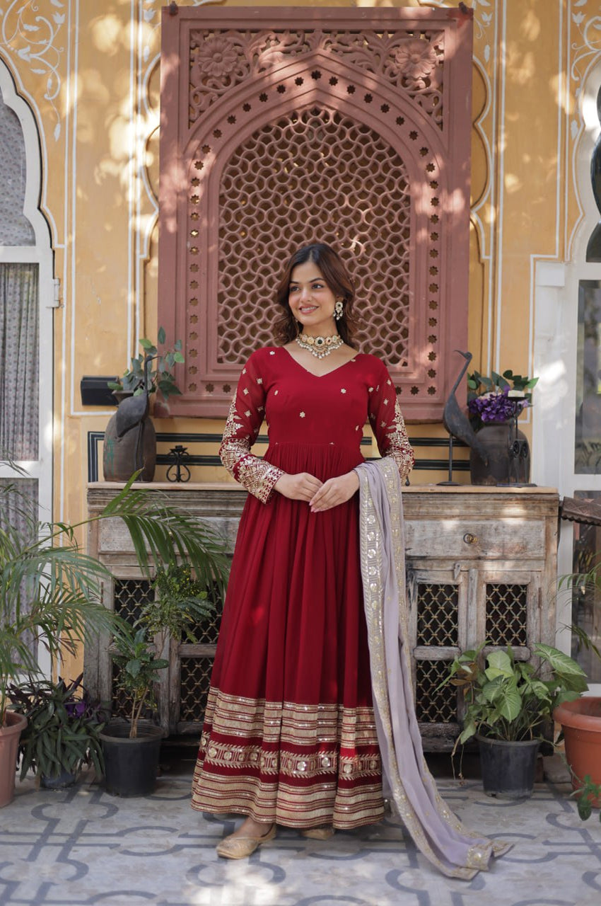 Maroon Designer Gown Set with Zari Sequin Embroidery & Faux Dupatta