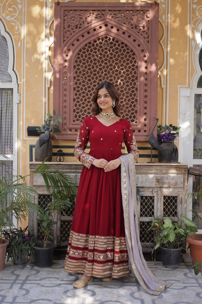 Maroon Designer Gown Set with Zari Sequin Embroidery & Faux Dupatta