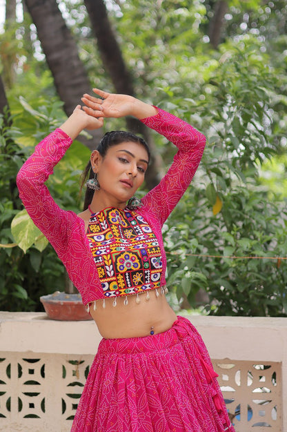 Bandhej Print Navratri Lehenga Choli with Gamthi Embroidery & Gotta Patti Lace – 12 Meter Flair (Fully Stitched)