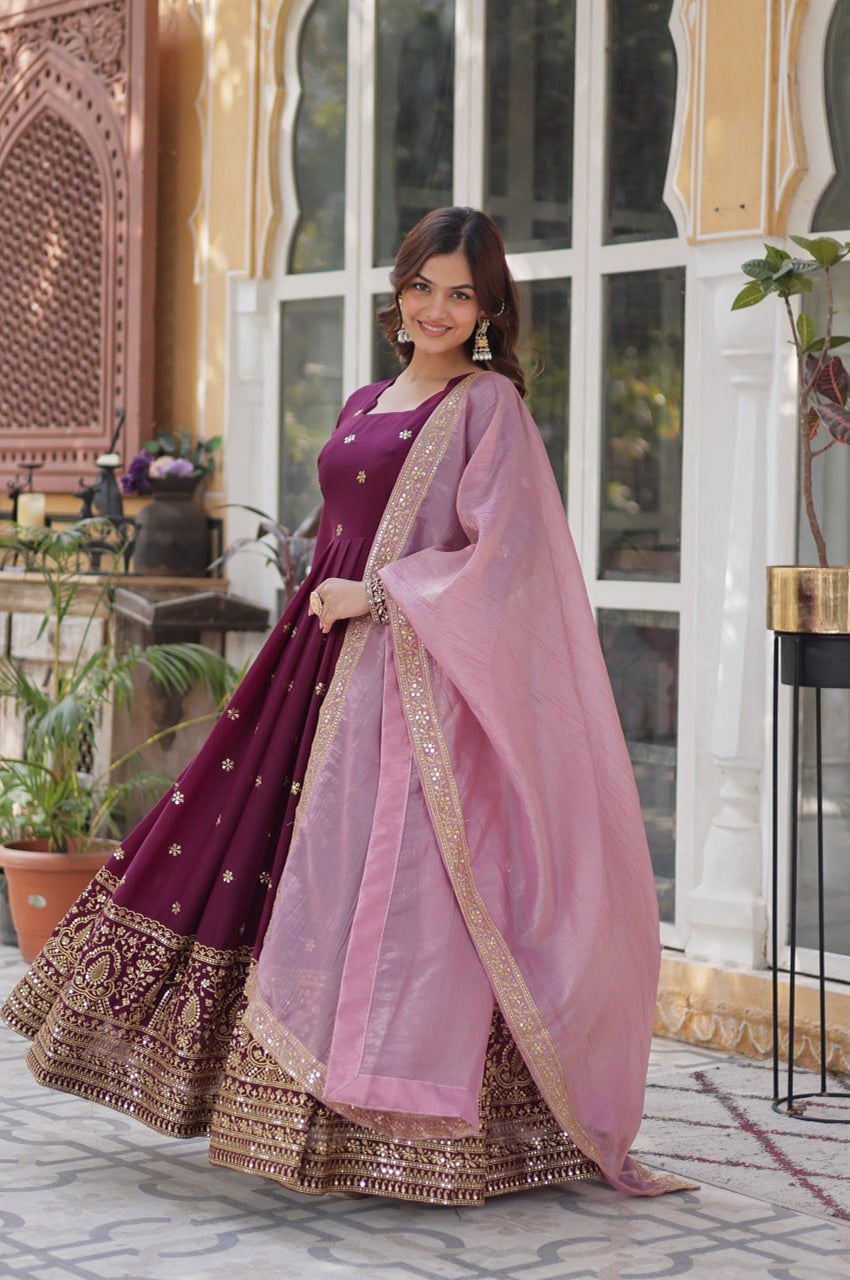 Star Georgette Gown with Dupatta | Maroon | Embroidered Edition