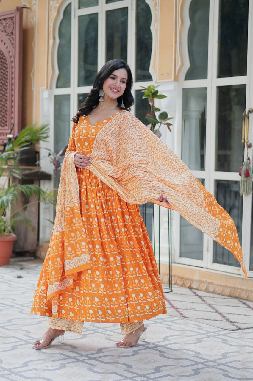 Pure Cotton Kurti Pant Dupatta Set | Gray & Orange | Ethnic Charm