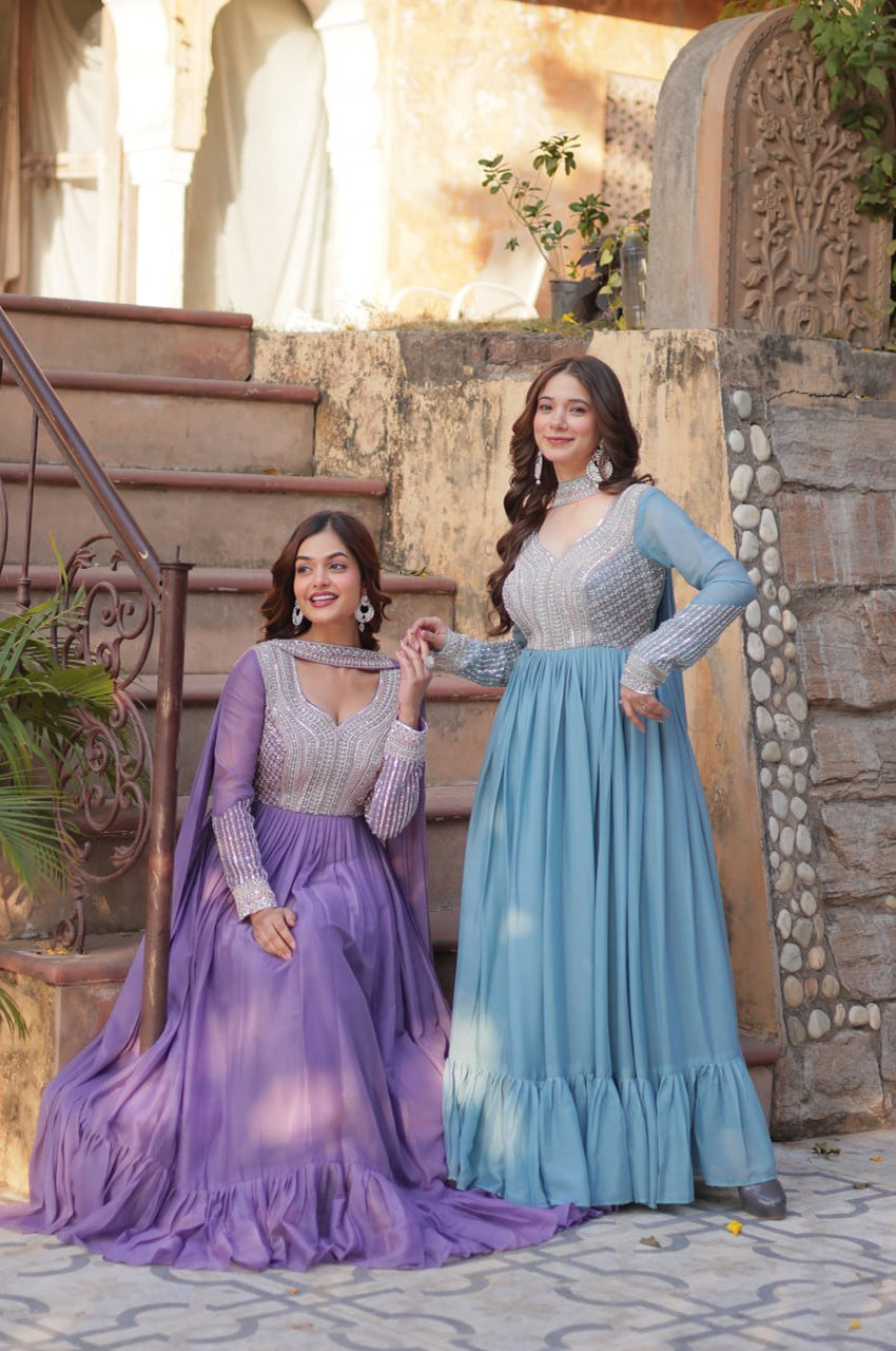 Elegant Star Georgette Gown with Beads + Dupatta | Sky Blue & Purple