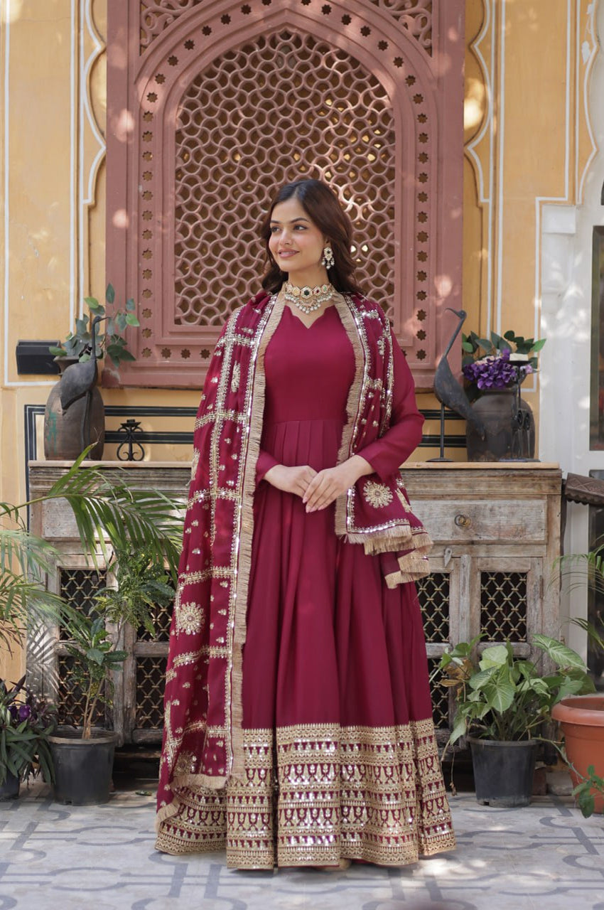 Black & Maroon Star  Gown with Dupatta – Ready-to-Wear Collection