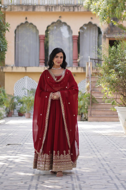 Maroon & Purple Faux Embroidered Gown with Dupatta – Regal Edition