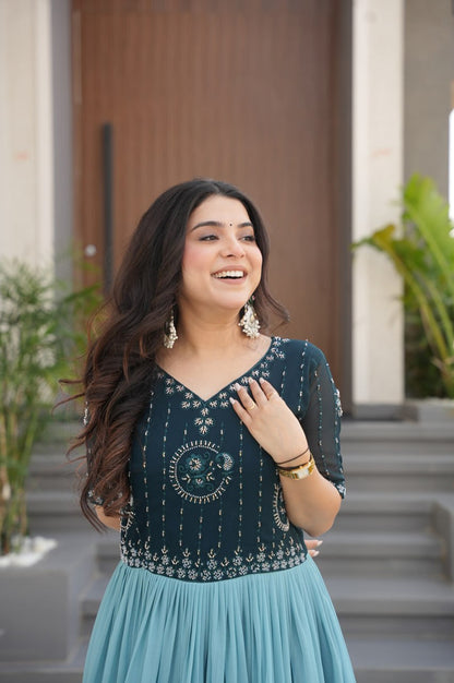 Designer Blue & Purple Gown with Embroidery & Floral Digital Print