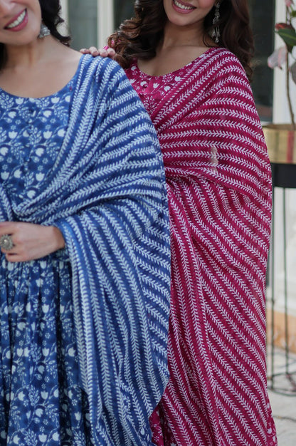 Pure Cotton Kurti with Pant & Dupatta Set | Blue & Pink | Ethnic Chic