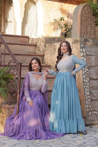 Elegant Star Georgette Gown with Beads + Dupatta | Sky Blue & Purple