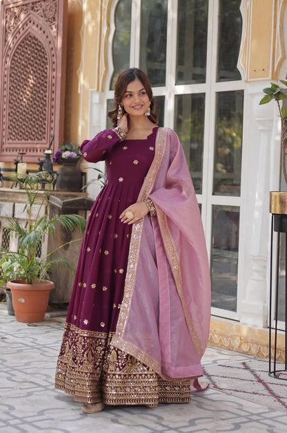 Star Georgette Gown with Dupatta | Maroon | Embroidered Edition