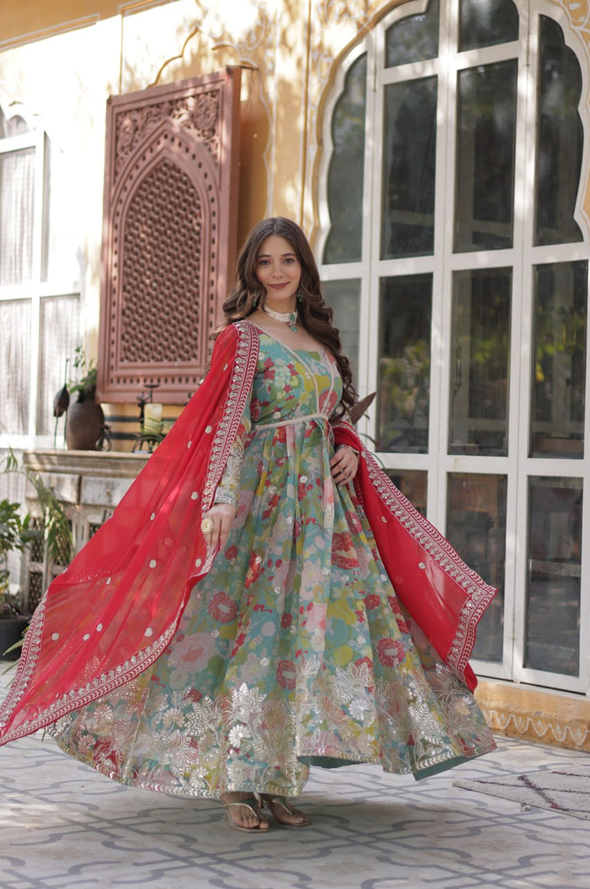 Elegant Alia Cut Russian Silk Gown with Dupatta (Orange & Green)