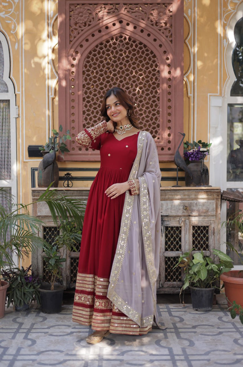 Maroon Designer Gown Set with Zari Sequin Embroidery & Faux Dupatta