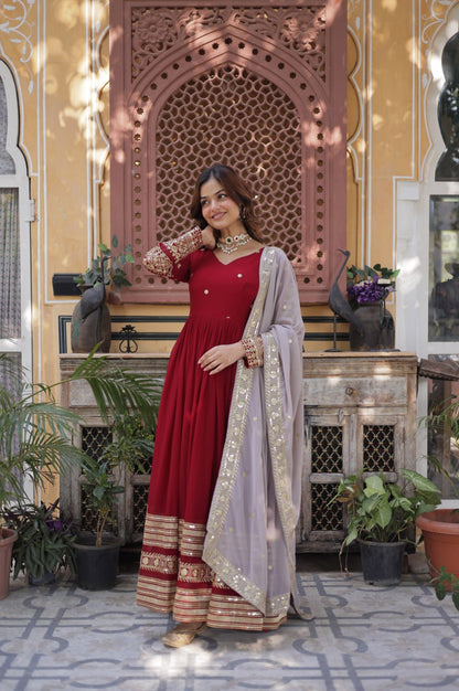 Maroon Designer Gown Set with Zari Sequin Embroidery & Faux Dupatta