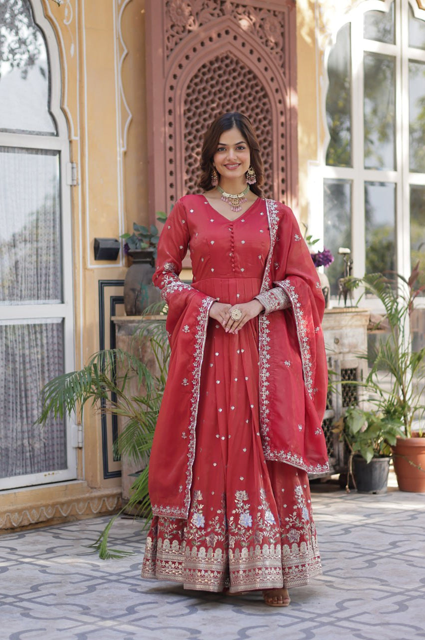Viscose Cosmos Embroidered Gown Set | Red  | Elegant Festive Wear