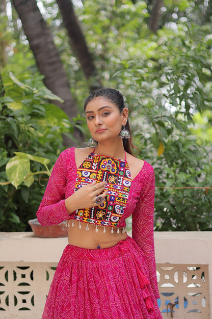 Bandhej Print Navratri Lehenga Choli with Gamthi Embroidery & Gotta Patti Lace – 12 Meter Flair (Fully Stitched)