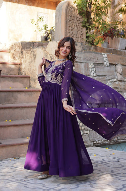 Premium Faux Blooming Embroidered Gown with Dupatta (Maroon & Purple)