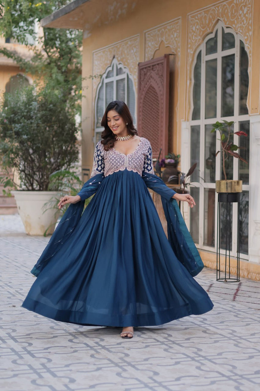 Designer Star Georgette Gown with Beads & Sequins Work + Dupatta