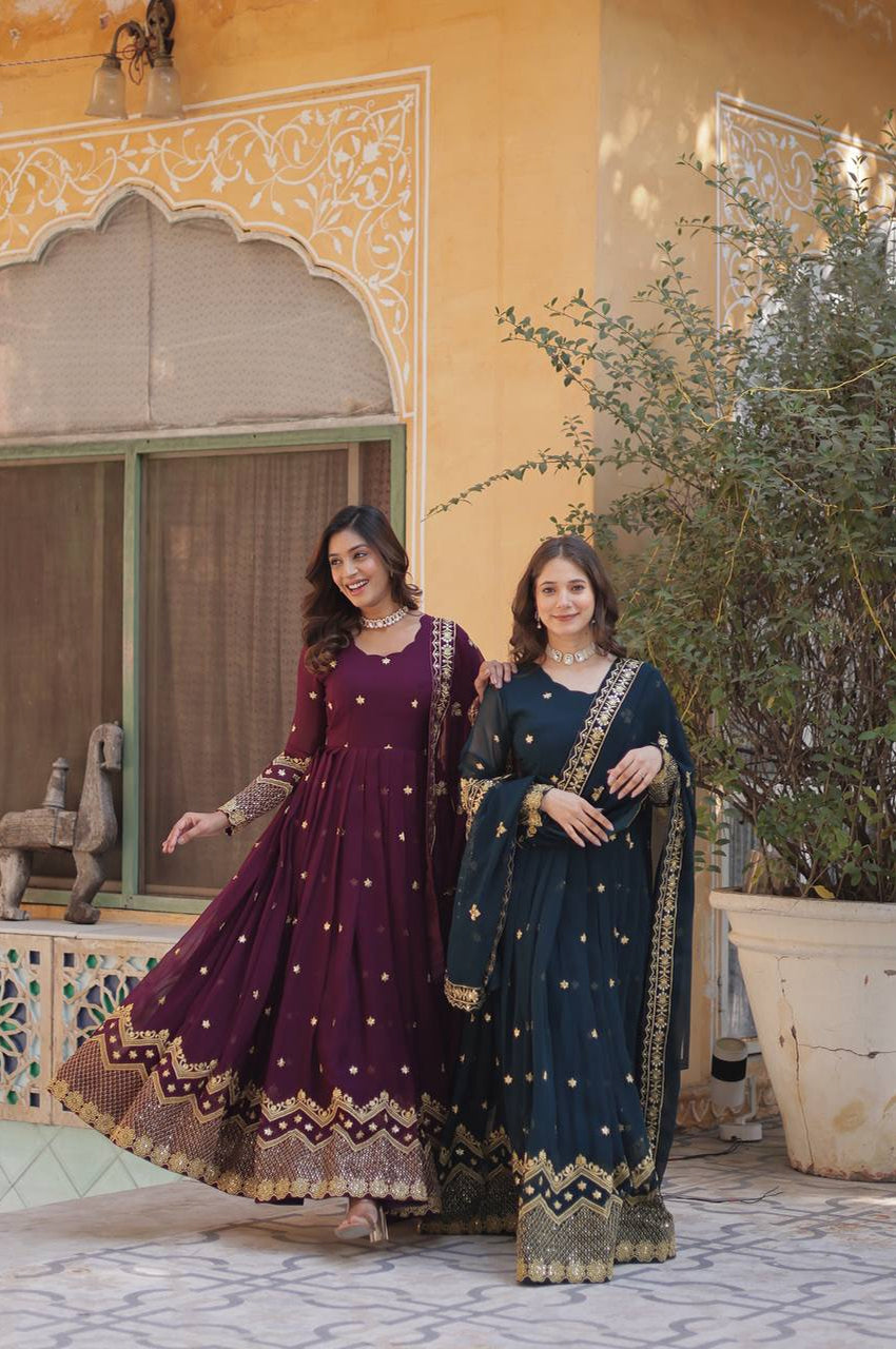 Bottle Green & Purple Zari Sequins Embroidered Gown Set