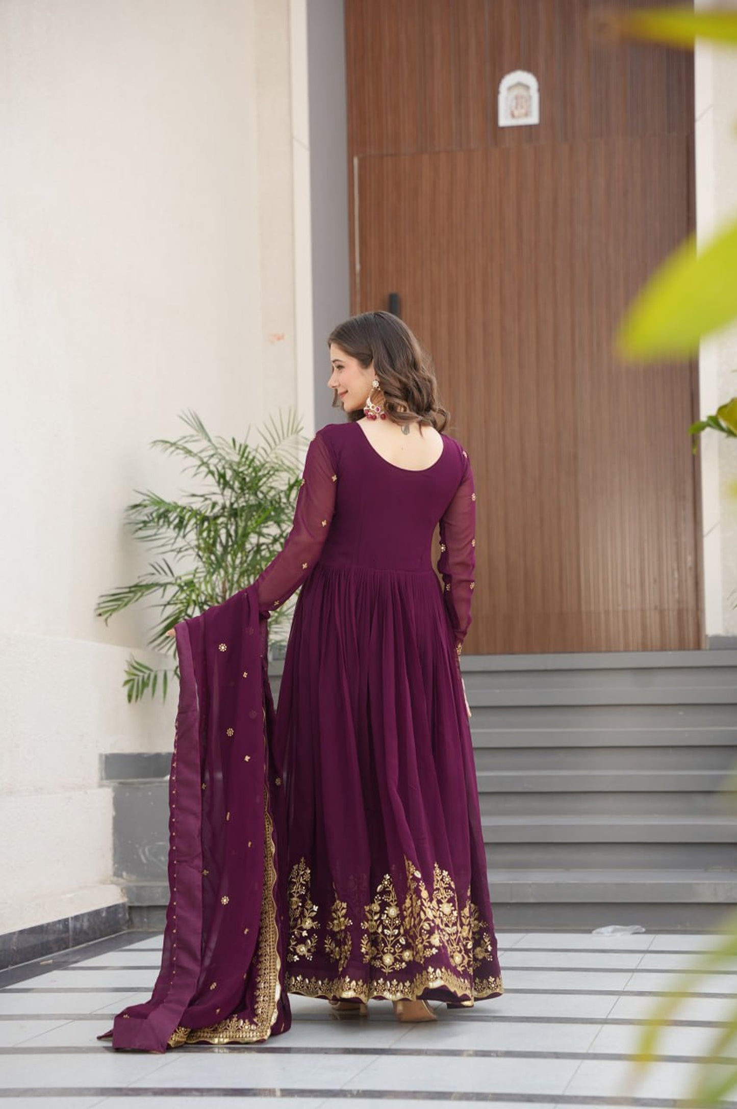 Green & Purple Premium Zari Embroidered Gown with Dupatta
