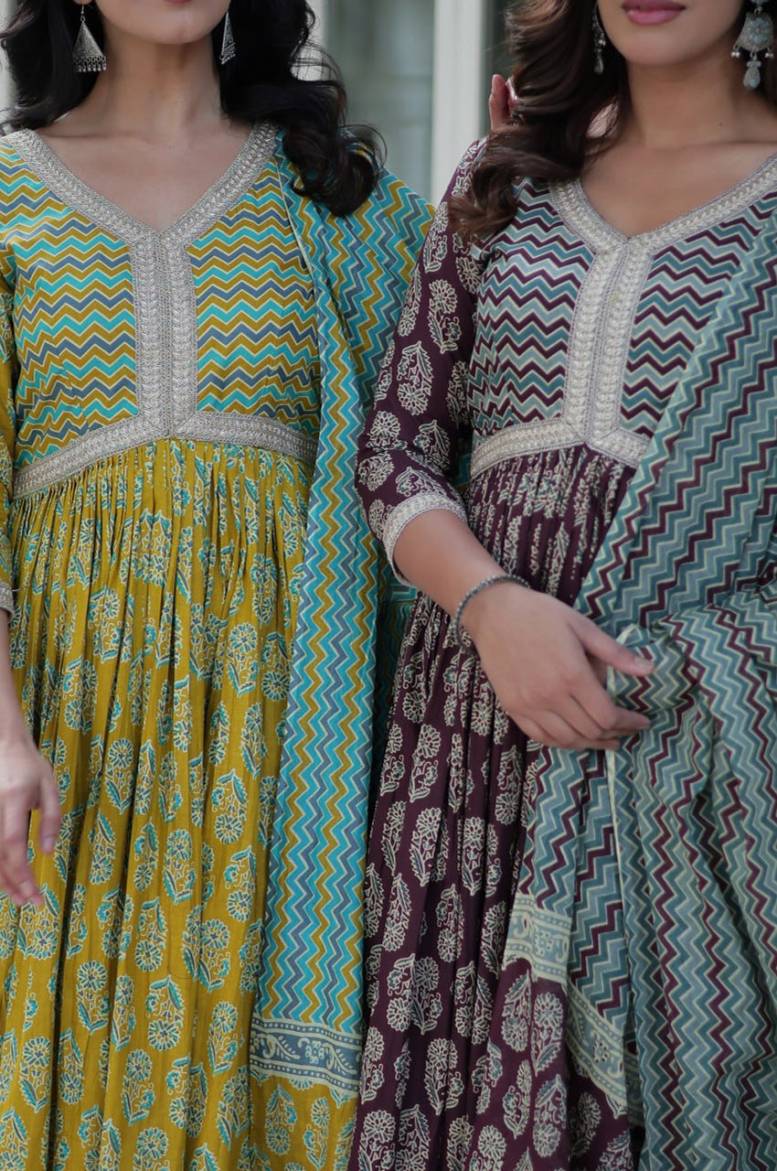 Pure Cotton Kurti Pant Dupatta Set | Coffee & Green | Ethnic Luxe