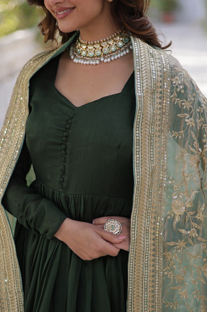 Rani Pink & Green Vichitra Gown with Dupatta – Festive Flair Edition