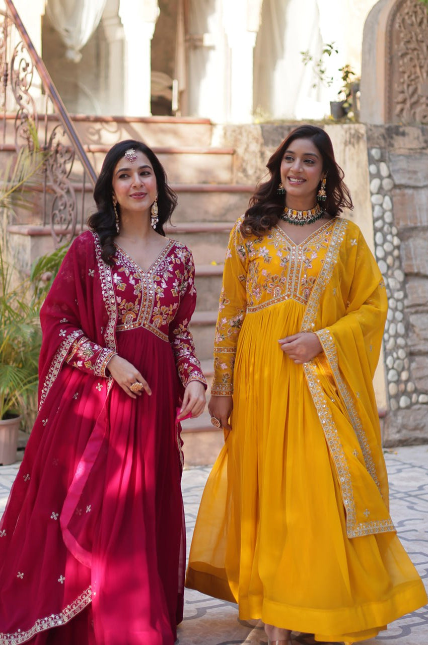 Yellow & Red Designer Gown Set with Zari Sequin Work