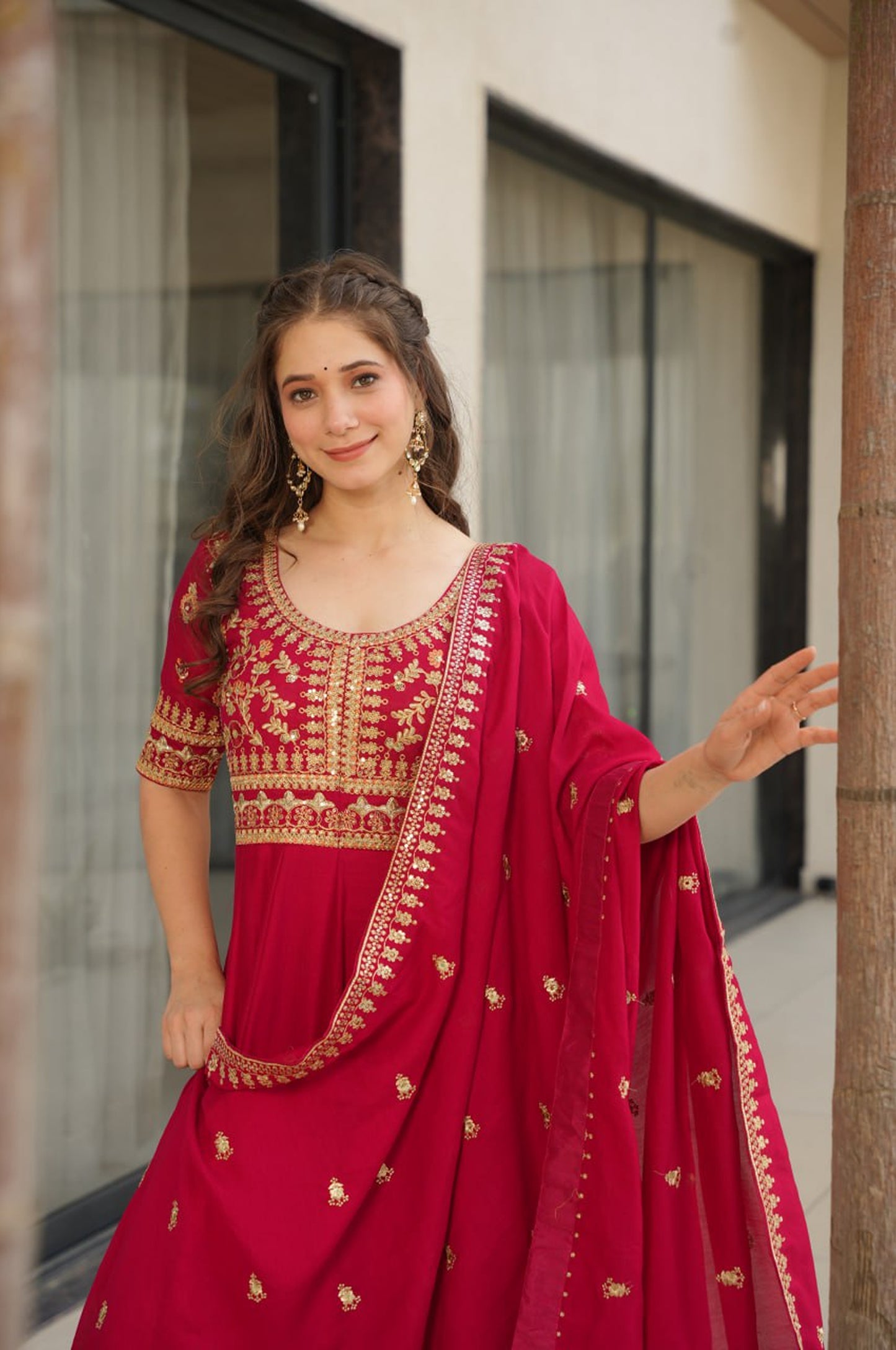 Premium Vichitra Silk Gown with Dupatta (Red & Purple Variants)