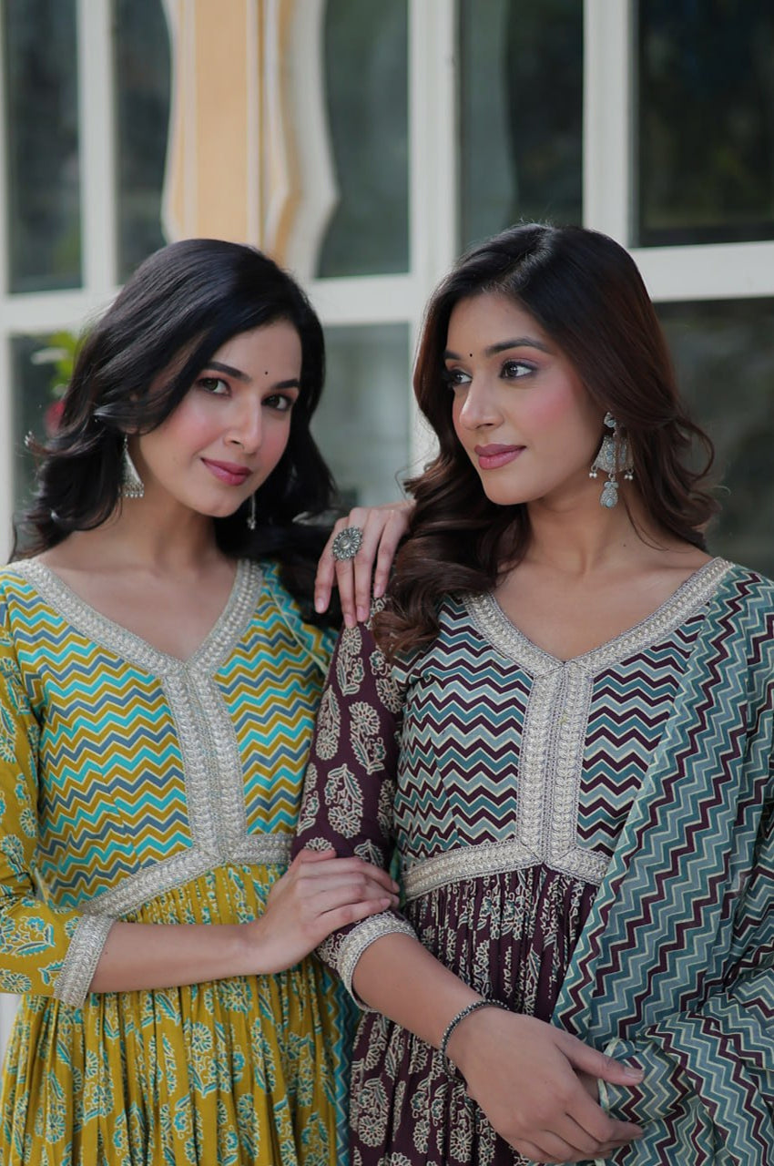 Pure Cotton Kurti Pant Dupatta Set | Coffee & Green | Ethnic Luxe