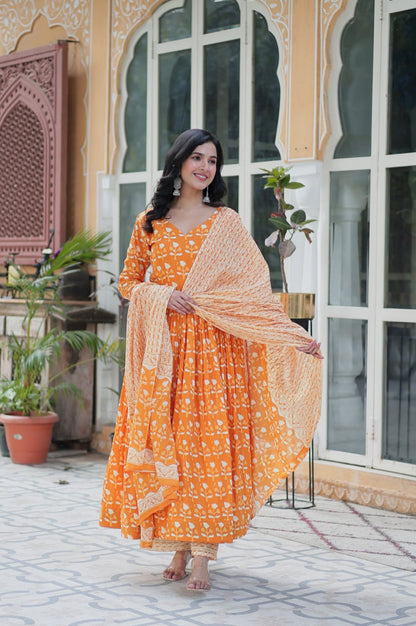 Pure Cotton Kurti Pant Dupatta Set | Gray & Orange | Ethnic Charm