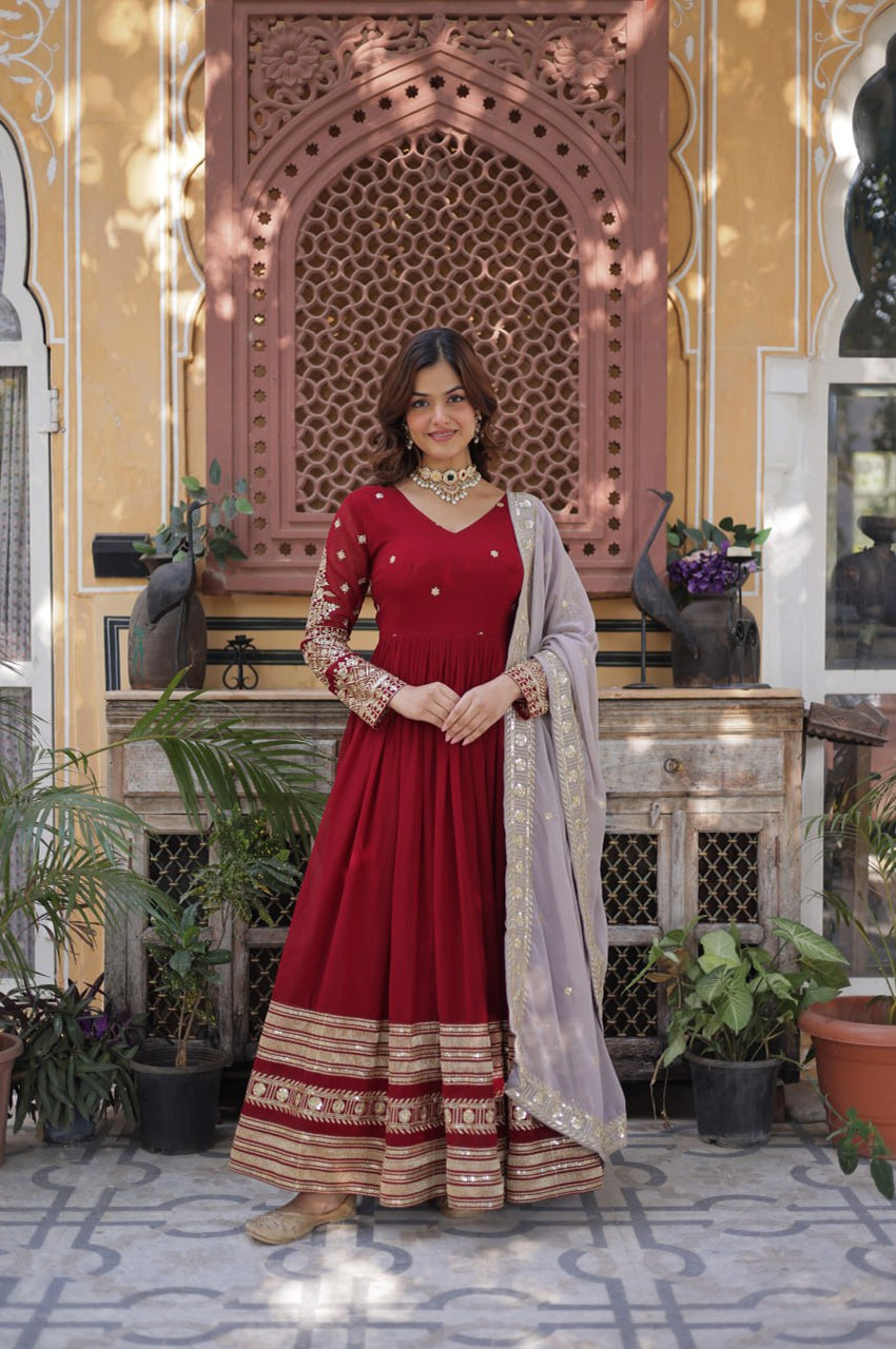 Maroon Designer Gown Set with Zari Sequin Embroidery & Faux Dupatta