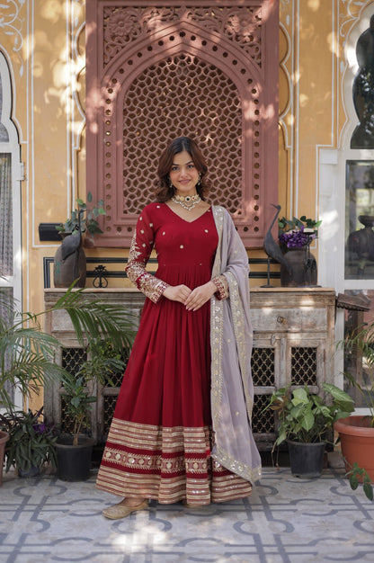 Maroon Designer Gown Set with Zari Sequin Embroidery & Faux Dupatta