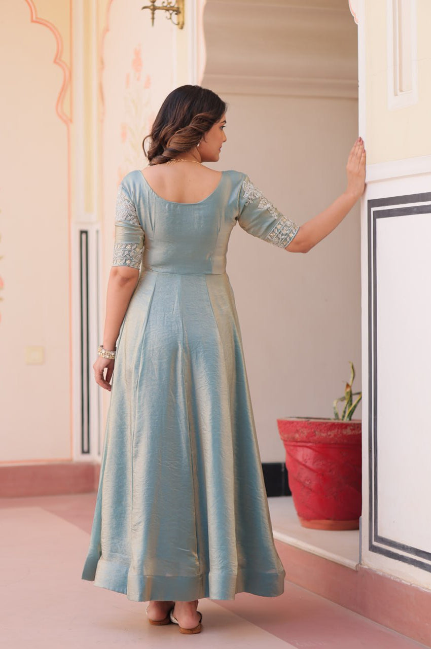 Blue & Green Beads Embroidered Fendy Gown