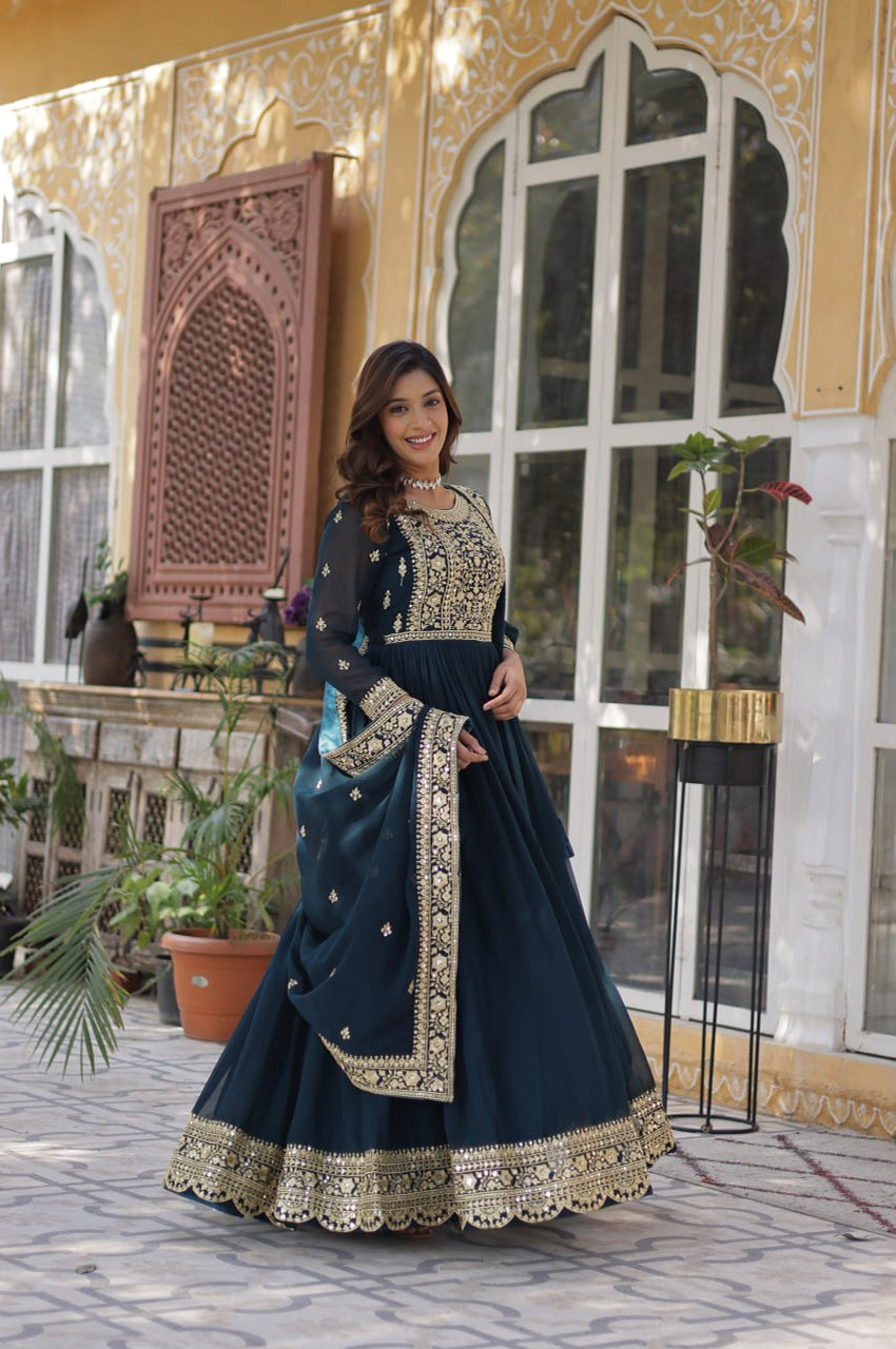 Faux Embroidered Gown Set | Rama & Purple | Premium Festive Wear