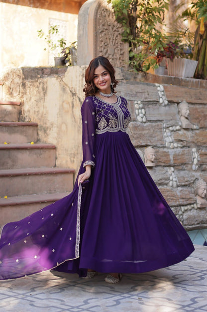 Premium Faux Blooming Embroidered Gown with Dupatta (Maroon & Purple)