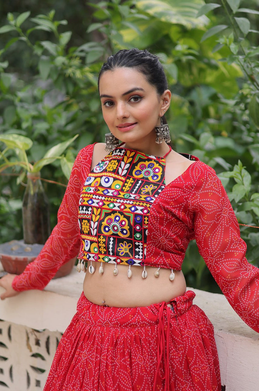 Bandhej Print Navratri Lehenga Choli with Gamthi Embroidery & Gotta Patti Lace – 12 Meter Flair (Fully Stitched)