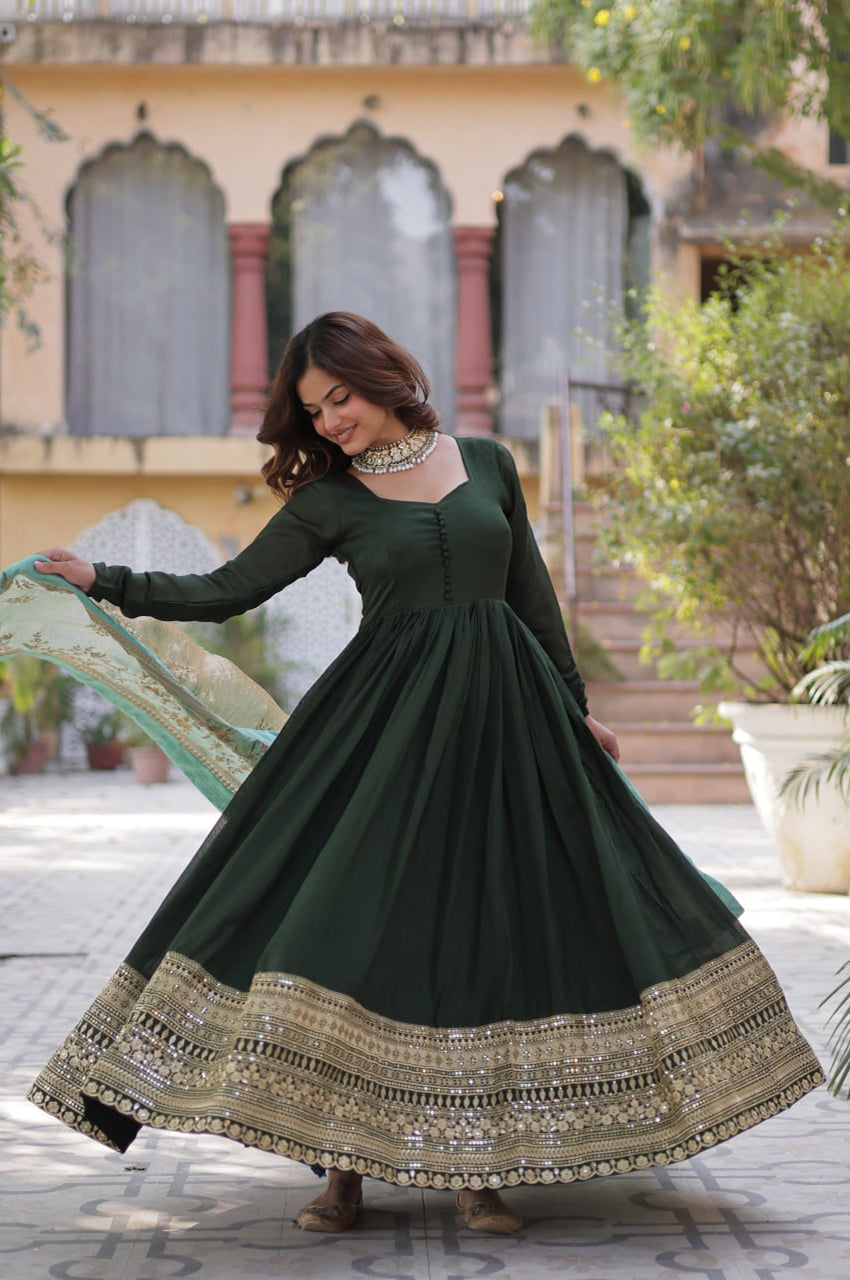 Rani Pink & Green Vichitra Gown with Dupatta – Festive Flair Edition