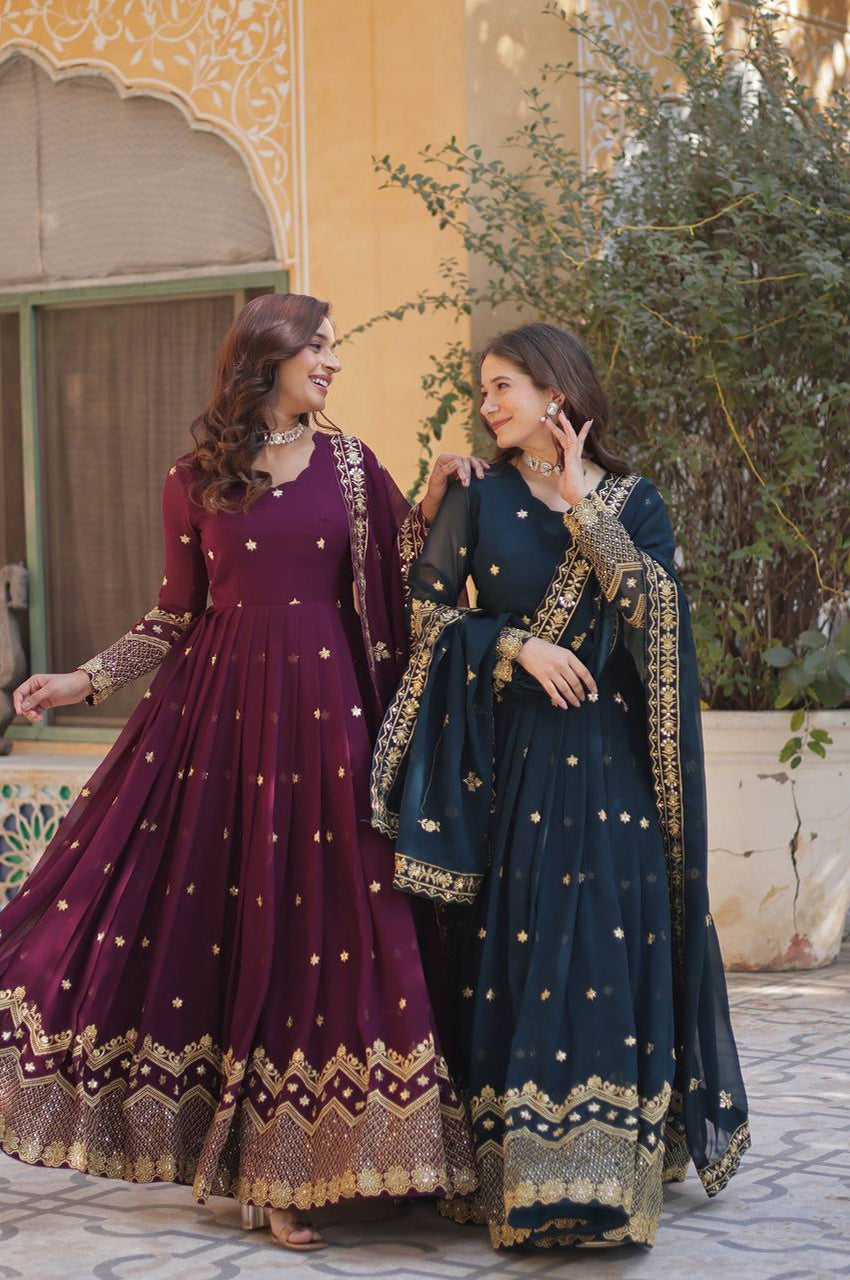 Bottle Green & Purple Zari Sequins Embroidered Gown Set
