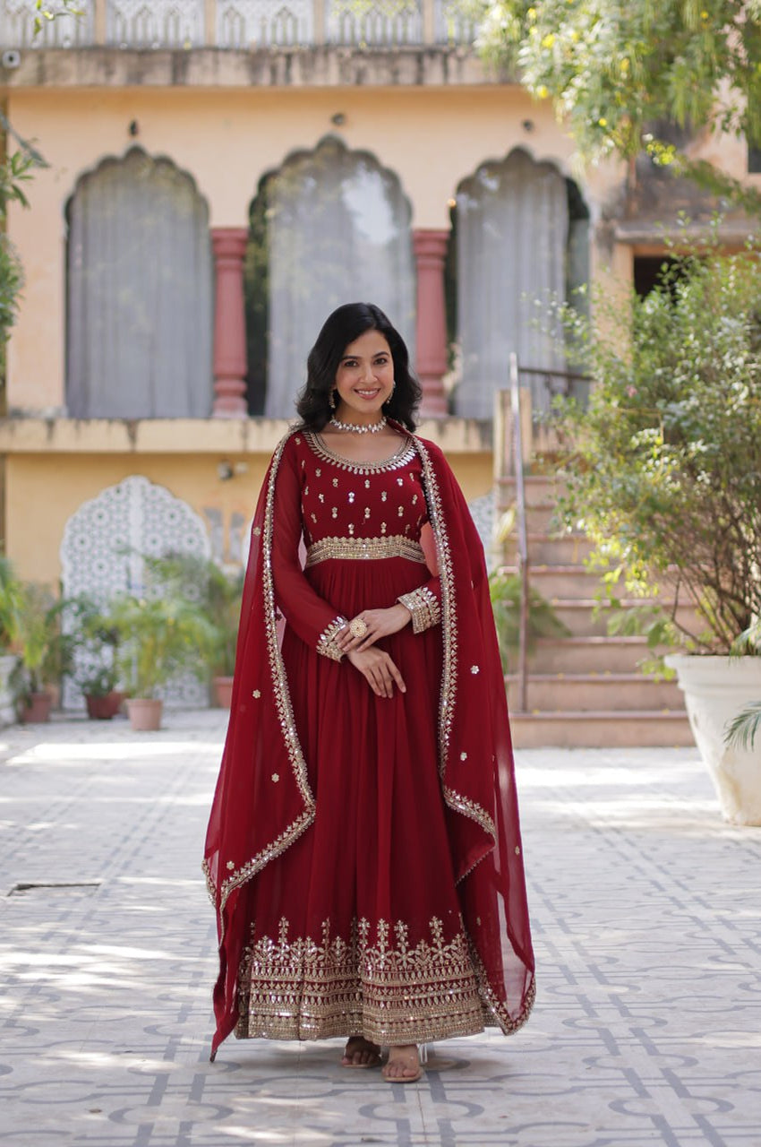 Maroon & Purple Faux Embroidered Gown with Dupatta – Regal Edition