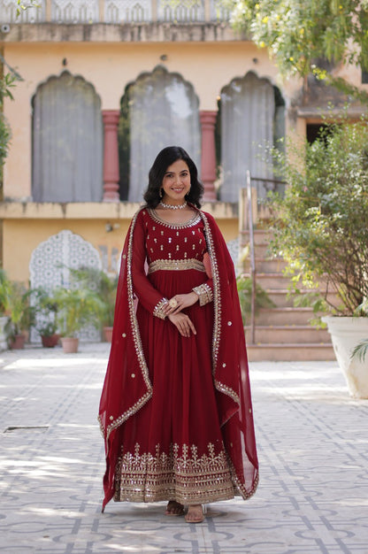Maroon & Purple Faux Embroidered Gown with Dupatta – Regal Edition
