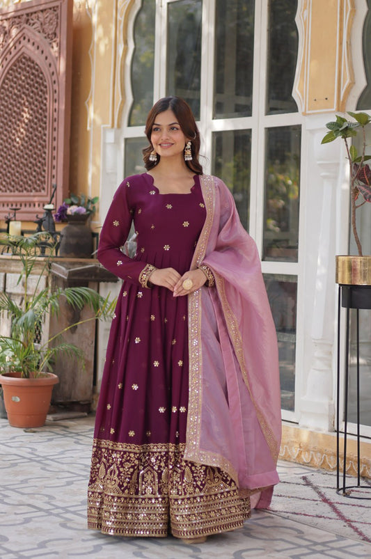 Star Georgette Gown with Dupatta | Maroon | Embroidered Edition