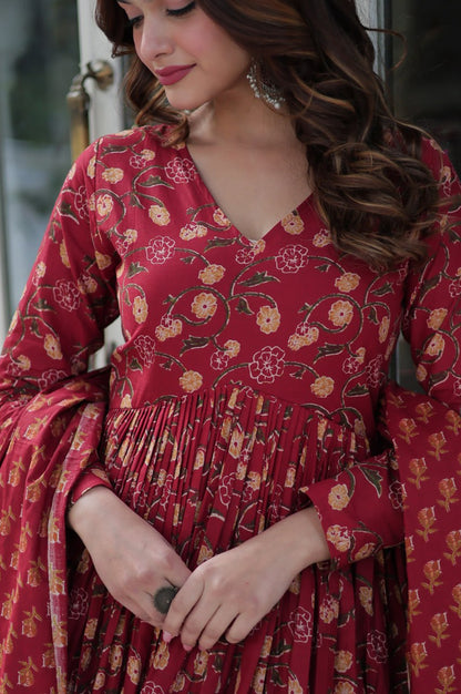 Blue & Red Premium Cotton Kurti with Pant and Dupatta Set