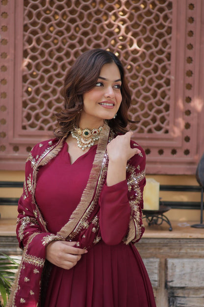 Black & Maroon Star  Gown with Dupatta – Ready-to-Wear Collection