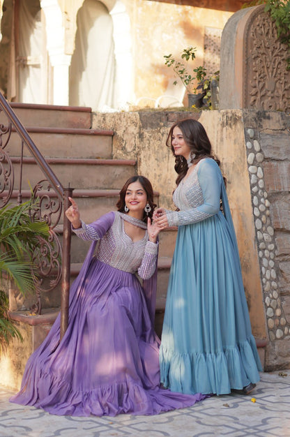 Elegant Star Georgette Gown with Beads + Dupatta | Sky Blue & Purple