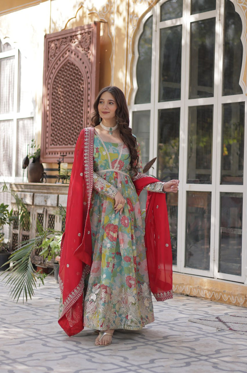 Elegant Alia Cut Russian Silk Gown with Dupatta (Orange & Green)